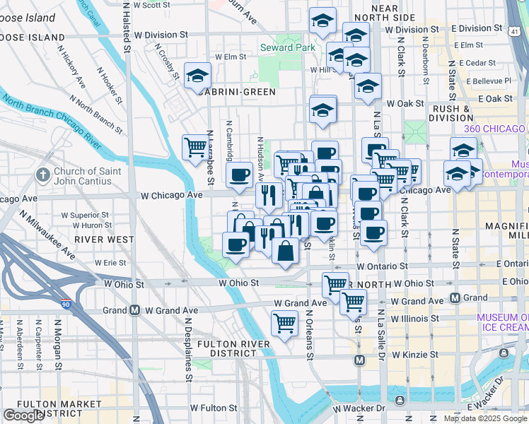 map of restaurants, bars, coffee shops, grocery stores, and more near 405 West Superior Street in Chicago