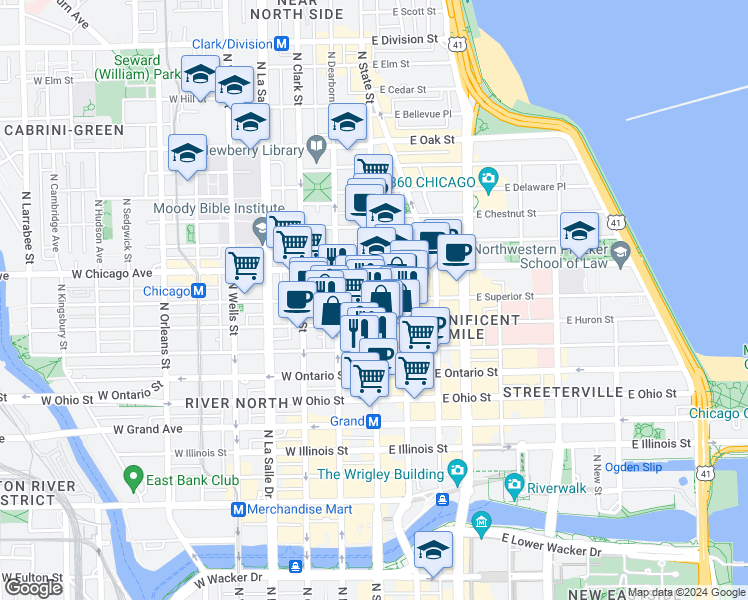 map of restaurants, bars, coffee shops, grocery stores, and more near 700 North State Street in Chicago