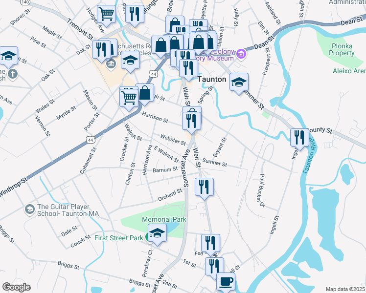 map of restaurants, bars, coffee shops, grocery stores, and more near 4 Webster Street in Taunton