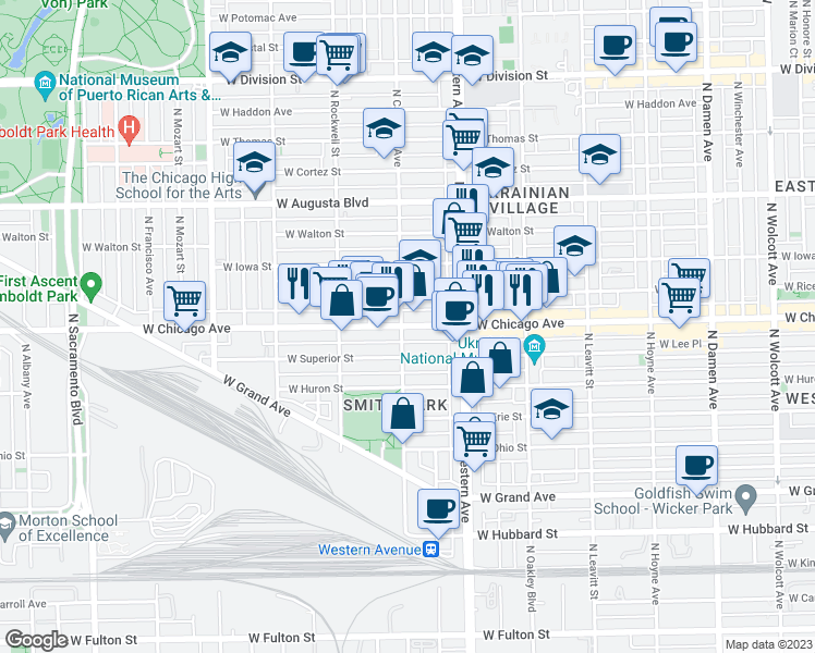 map of restaurants, bars, coffee shops, grocery stores, and more near 2457 West Chicago Avenue in Chicago