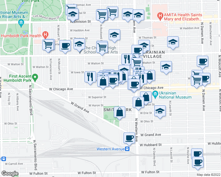 map of restaurants, bars, coffee shops, grocery stores, and more near W Chicago Ave & N Maplewood Ave in Chicago