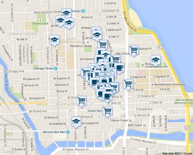 map of restaurants, bars, coffee shops, grocery stores, and more near 700 North State Street in Chicago
