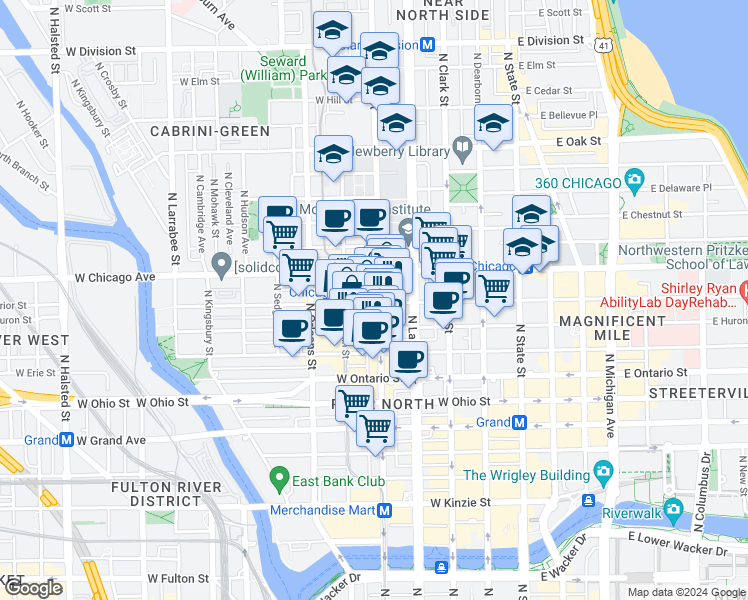 map of restaurants, bars, coffee shops, grocery stores, and more near 704 North Wells Street in Chicago