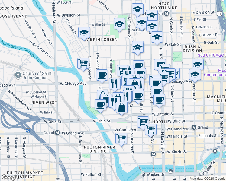 map of restaurants, bars, coffee shops, grocery stores, and more near 405 West Superior Street in Chicago