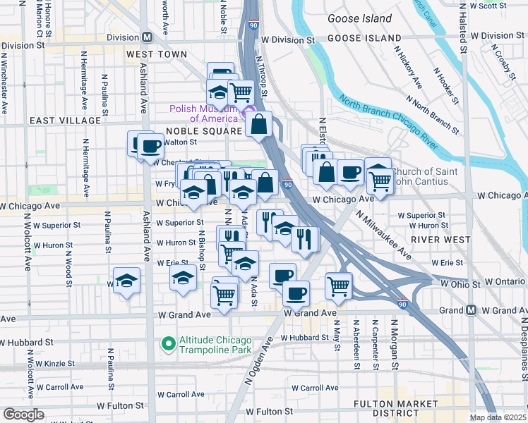 map of restaurants, bars, coffee shops, grocery stores, and more near 721 North Throop Street in Chicago