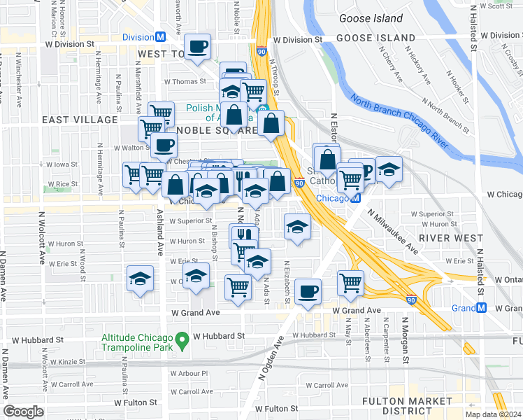 map of restaurants, bars, coffee shops, grocery stores, and more near 720 North Ada Street in Chicago