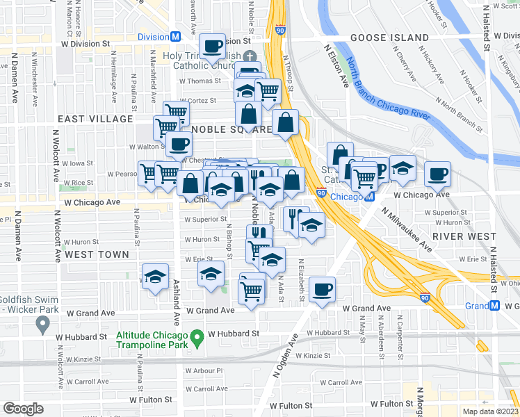 map of restaurants, bars, coffee shops, grocery stores, and more near 720 North Ada Street in Chicago