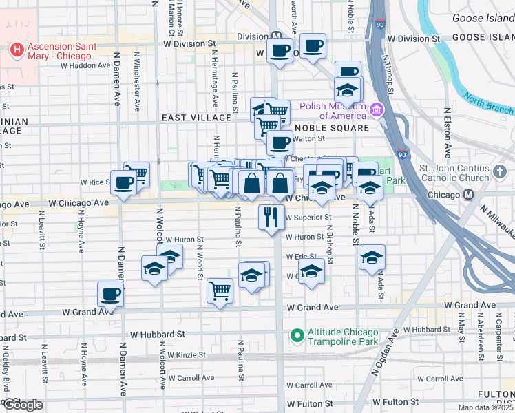 map of restaurants, bars, coffee shops, grocery stores, and more near 1645 West Superior Street in Chicago
