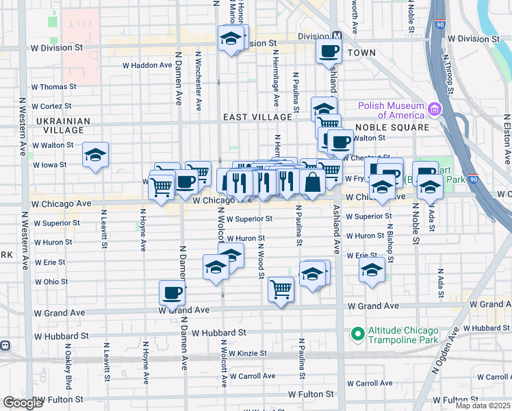 map of restaurants, bars, coffee shops, grocery stores, and more near 1759 West Superior Street in Chicago