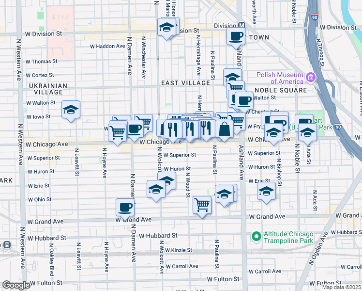 map of restaurants, bars, coffee shops, grocery stores, and more near 1759 West Superior Street in Chicago