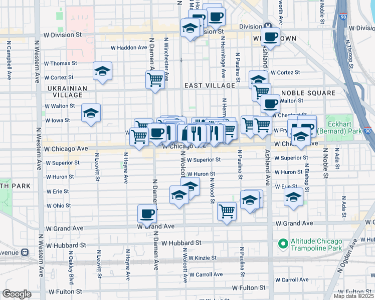 map of restaurants, bars, coffee shops, grocery stores, and more near 1831 West Superior Street in Chicago