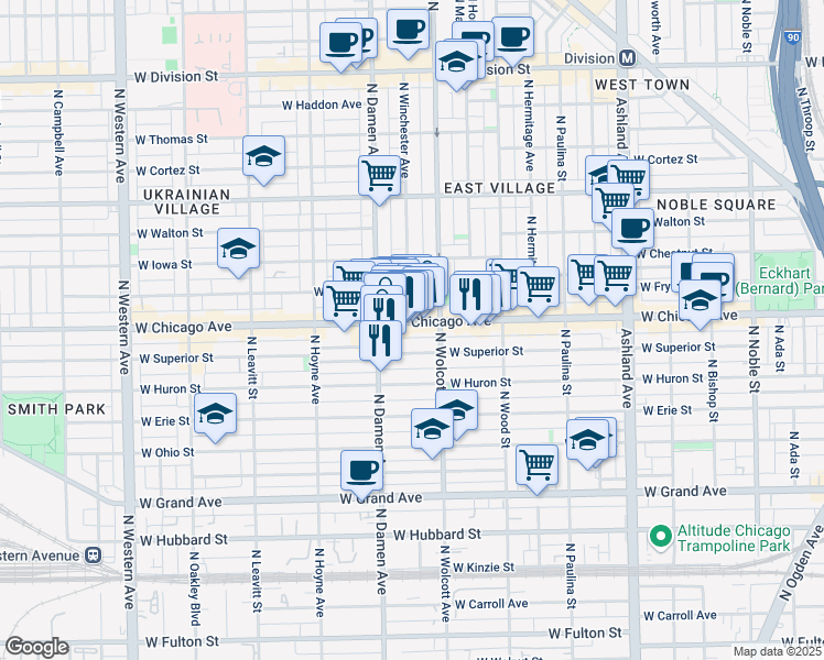 map of restaurants, bars, coffee shops, grocery stores, and more near 1907 West Superior Street in Chicago