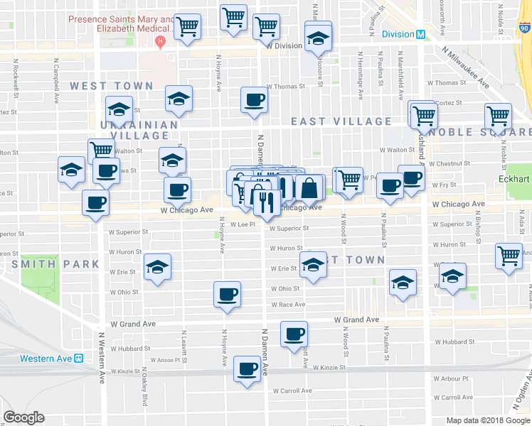 map of restaurants, bars, coffee shops, grocery stores, and more near 1948 West Superior Street in Chicago