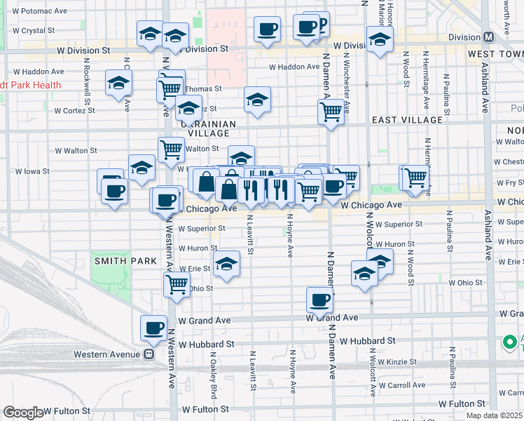 map of restaurants, bars, coffee shops, grocery stores, and more near 2136 West Superior Street in Chicago