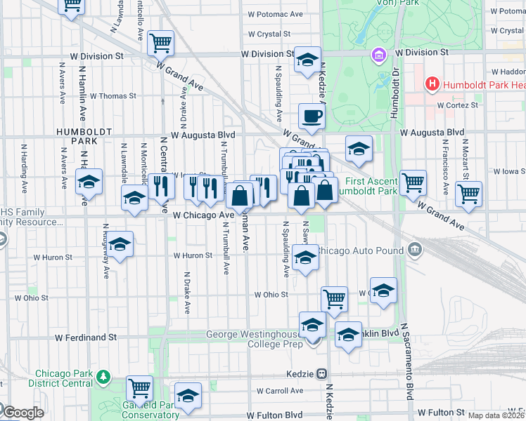 map of restaurants, bars, coffee shops, grocery stores, and more near 743 North Homan Avenue in Chicago