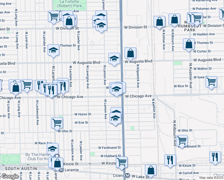 map of restaurants, bars, coffee shops, grocery stores, and more near 4831 West Chicago Avenue in Chicago