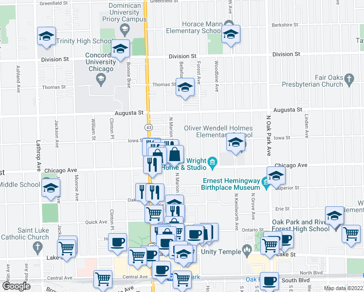 map of restaurants, bars, coffee shops, grocery stores, and more near 1038 Chicago Avenue in Oak Park