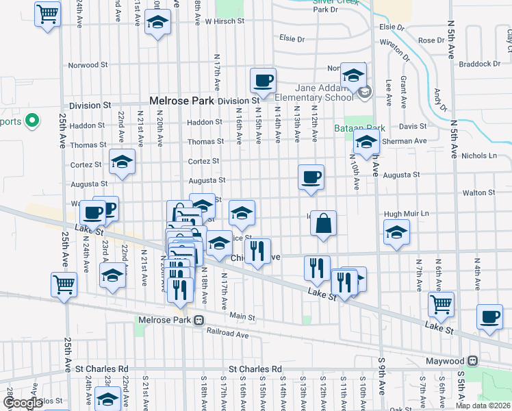 map of restaurants, bars, coffee shops, grocery stores, and more near 819 North 16th Avenue in Melrose Park