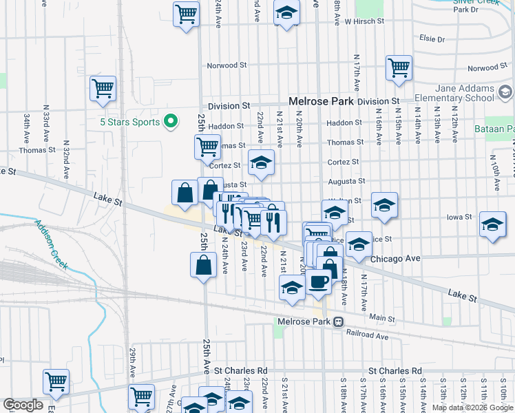 map of restaurants, bars, coffee shops, grocery stores, and more near 2206 Iowa Street in Melrose Park