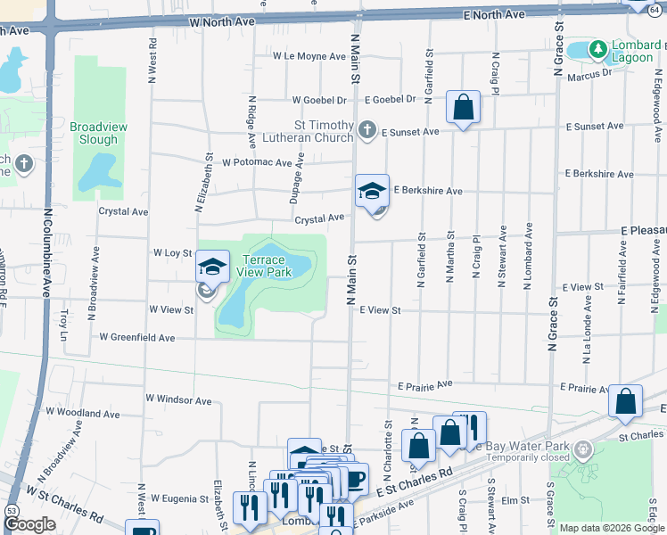 map of restaurants, bars, coffee shops, grocery stores, and more near 354 North Main Street in Lombard