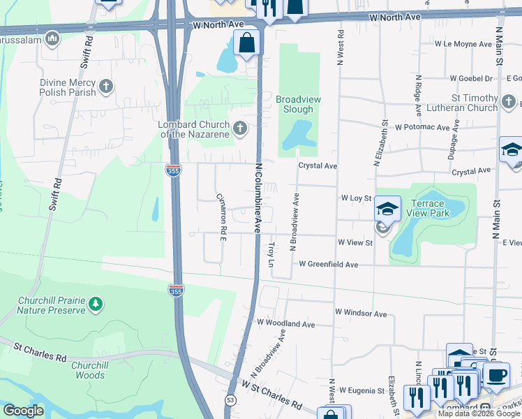 map of restaurants, bars, coffee shops, grocery stores, and more near 528-32 West Meadow Avenue in Lombard