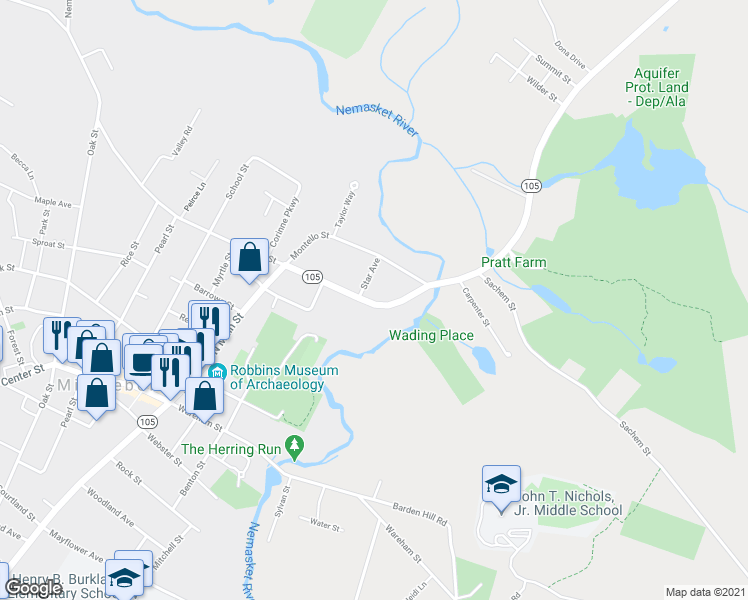 map of restaurants, bars, coffee shops, grocery stores, and more near 28 East Main Street in Middleborough