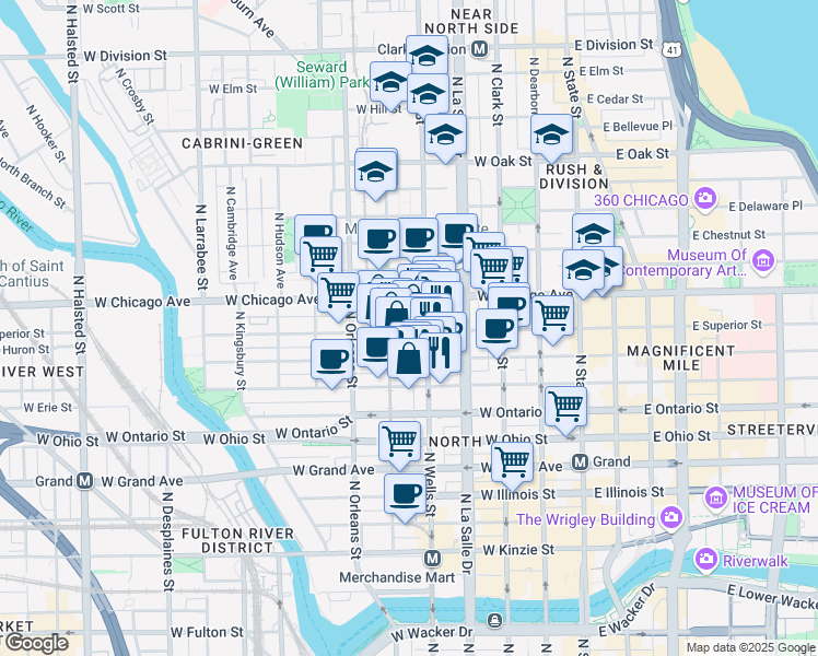 map of restaurants, bars, coffee shops, grocery stores, and more near 212 West Superior Street in Chicago