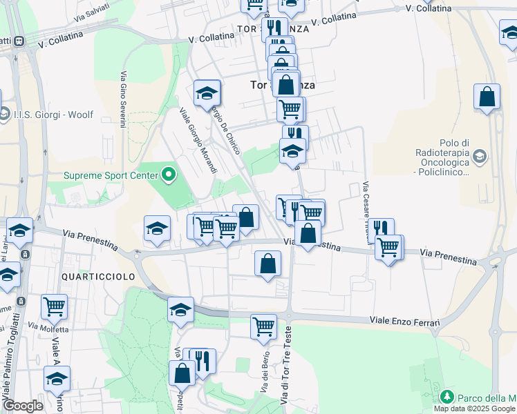 map of restaurants, bars, coffee shops, grocery stores, and more near 124 Viale Giorgio De Chirico in Roma