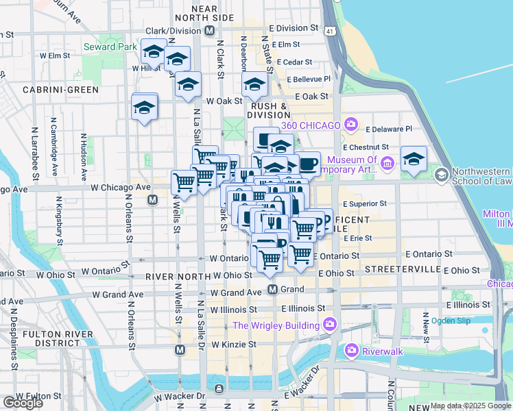 map of restaurants, bars, coffee shops, grocery stores, and more near 700 North State Street in Chicago