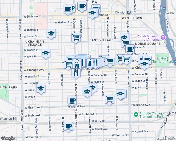 map of restaurants, bars, coffee shops, grocery stores, and more near 1907 West Superior Street in Chicago
