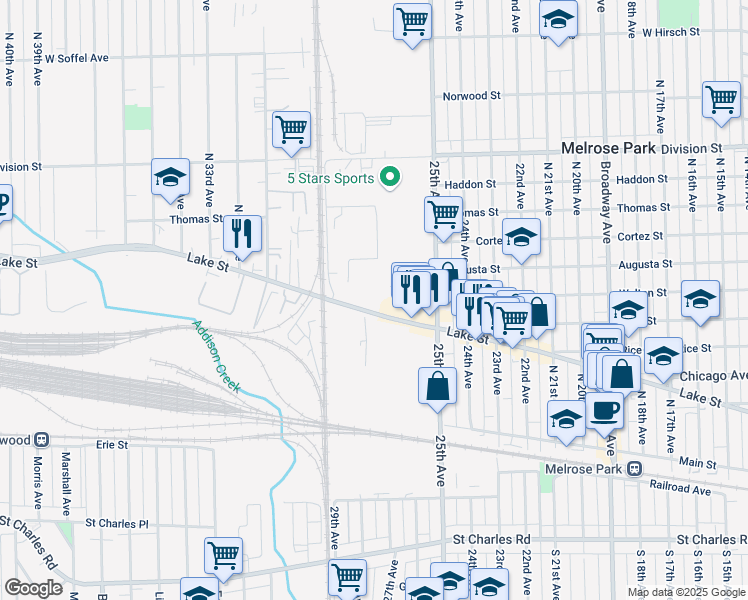 map of restaurants, bars, coffee shops, grocery stores, and more near 2701 West Lake Street in Melrose Park