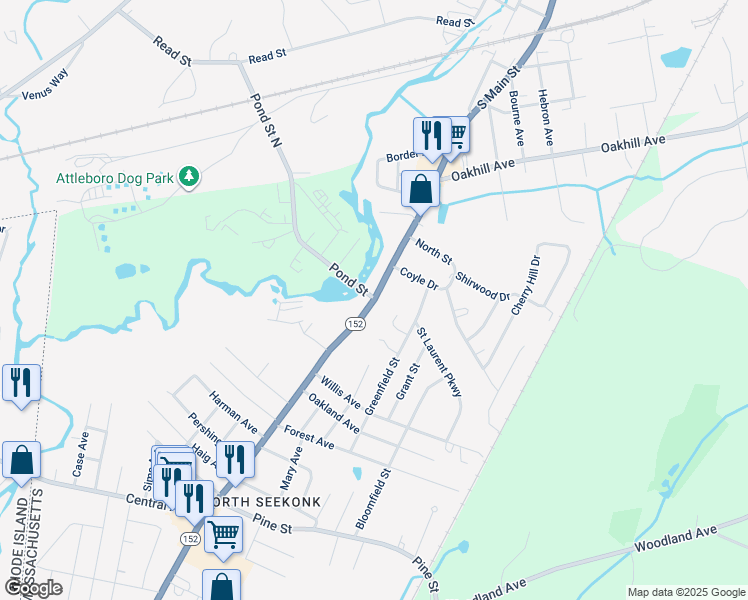 map of restaurants, bars, coffee shops, grocery stores, and more near 411 Central Avenue in Seekonk
