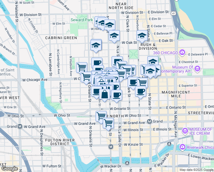 map of restaurants, bars, coffee shops, grocery stores, and more near 702 North Wells Street in Chicago