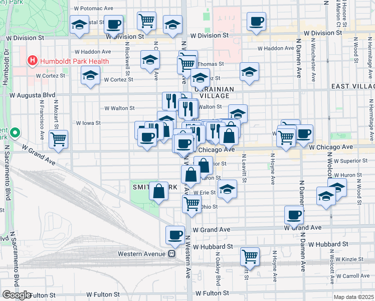 map of restaurants, bars, coffee shops, grocery stores, and more near N Western Ave & W Chicago Ave in Chicago