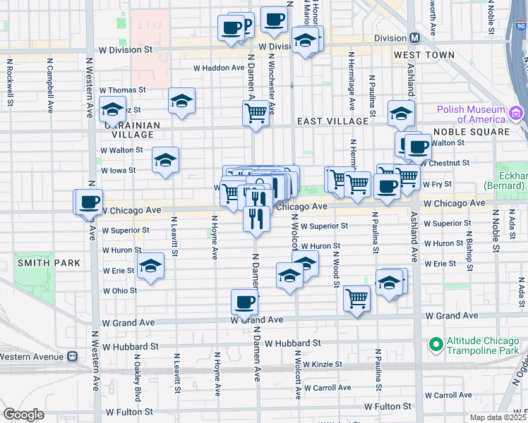 map of restaurants, bars, coffee shops, grocery stores, and more near 1948 West Superior Street in Chicago