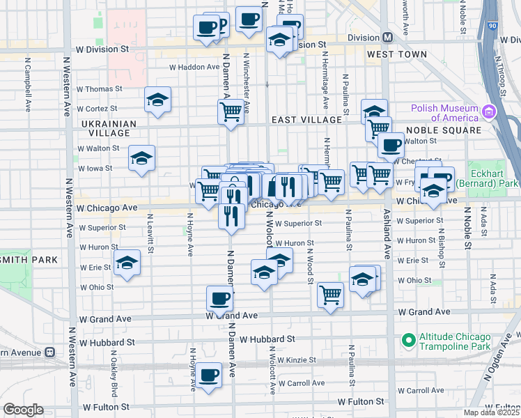map of restaurants, bars, coffee shops, grocery stores, and more near 1907 West Superior Street in Chicago