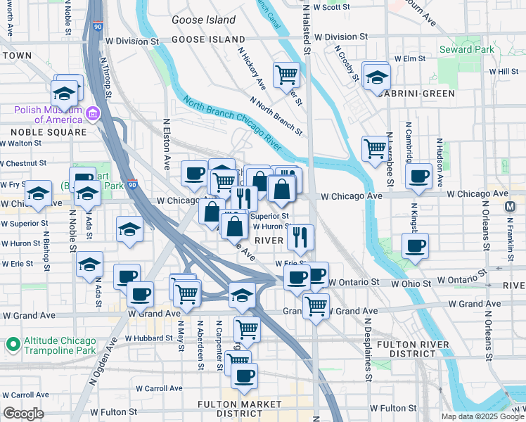 map of restaurants, bars, coffee shops, grocery stores, and more near 925 West Huron Street in Chicago