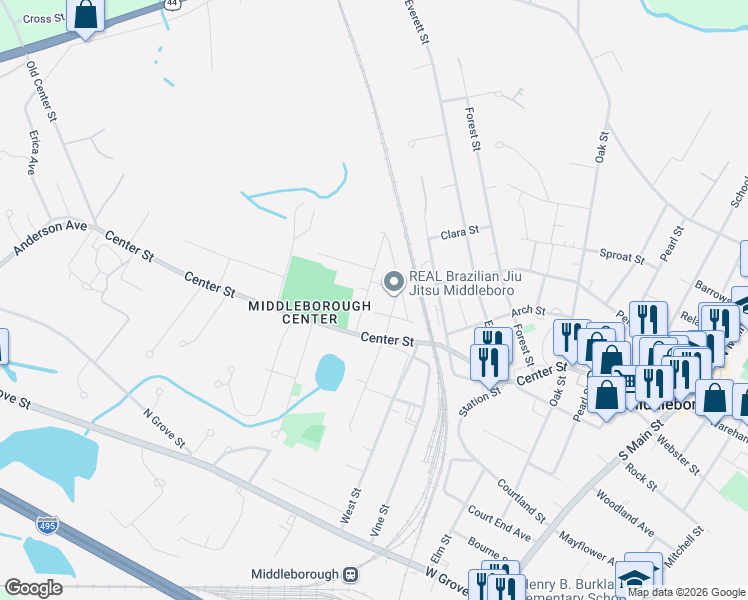 map of restaurants, bars, coffee shops, grocery stores, and more near 10 Sumner Avenue in Middleborough