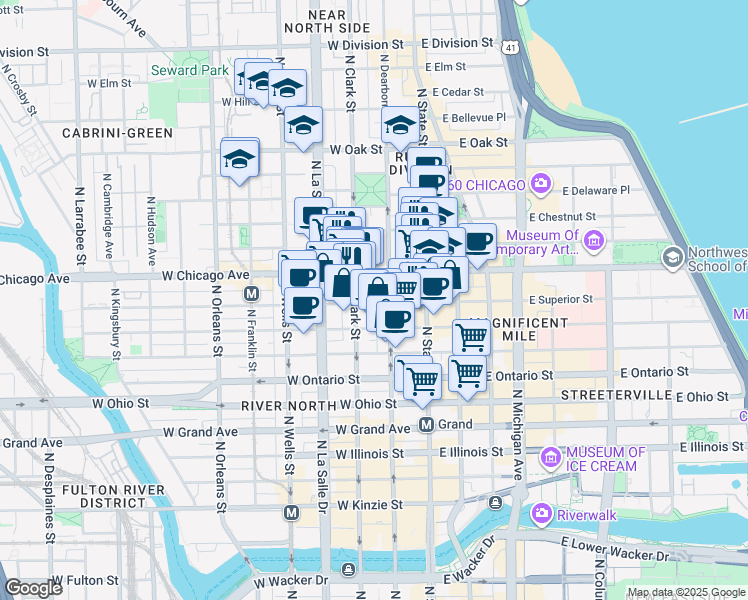 map of restaurants, bars, coffee shops, grocery stores, and more near in Chicago
