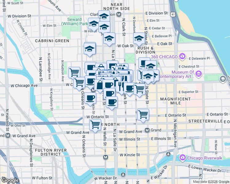 map of restaurants, bars, coffee shops, grocery stores, and more near in Chicago