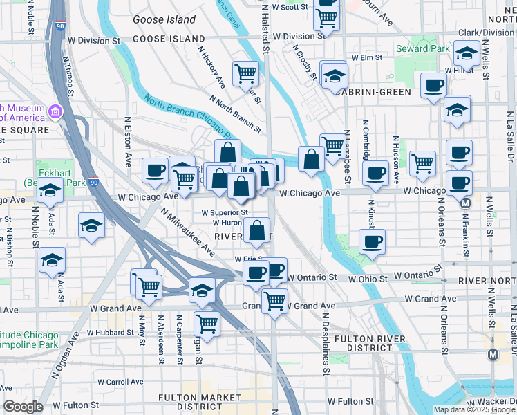 map of restaurants, bars, coffee shops, grocery stores, and more near 824 West Superior Street in Chicago