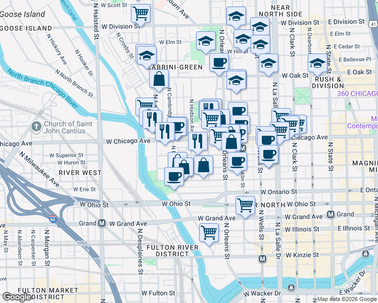map of restaurants, bars, coffee shops, grocery stores, and more near in Chicago