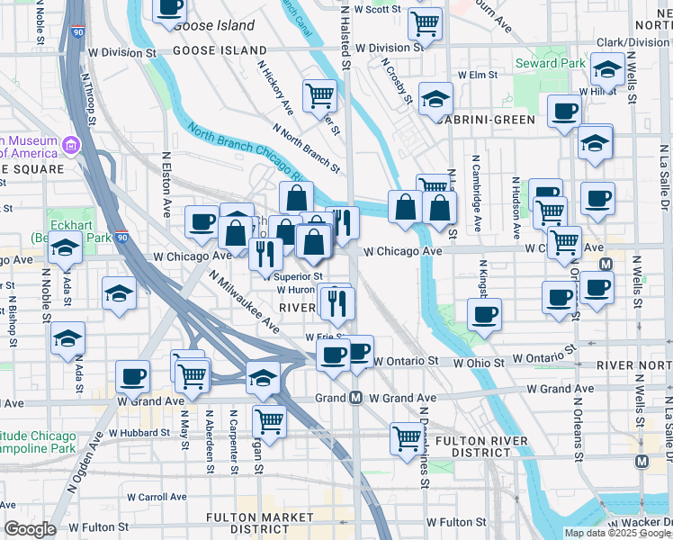 map of restaurants, bars, coffee shops, grocery stores, and more near 800 West Chicago Avenue in Chicago