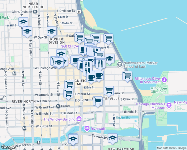 map of restaurants, bars, coffee shops, grocery stores, and more near East Superior Street in Chicago