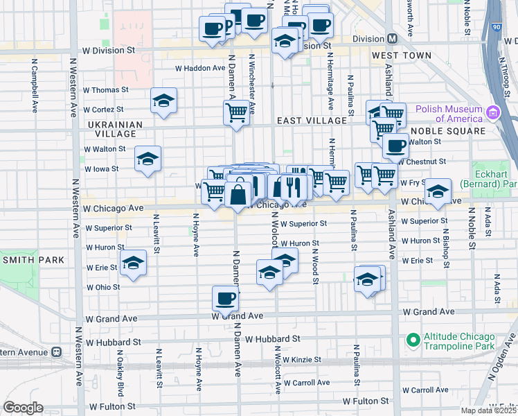 map of restaurants, bars, coffee shops, grocery stores, and more near 820 North Wolcott Avenue in Chicago
