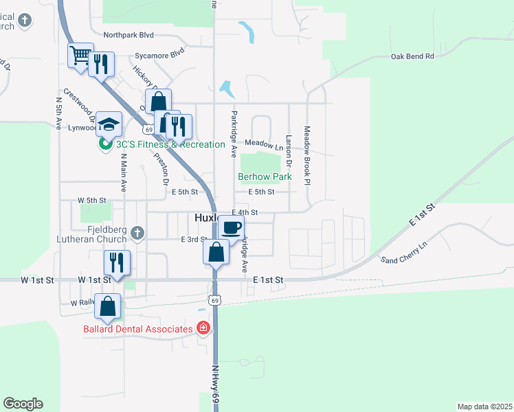 map of restaurants, bars, coffee shops, grocery stores, and more near 505 East 4th Street in Huxley