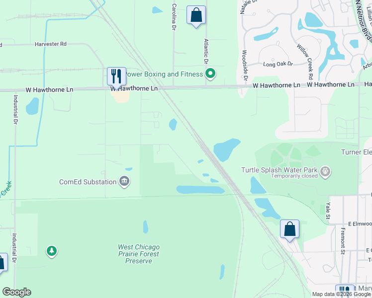 map of restaurants, bars, coffee shops, grocery stores, and more near 1N561 Lane Road in West Chicago