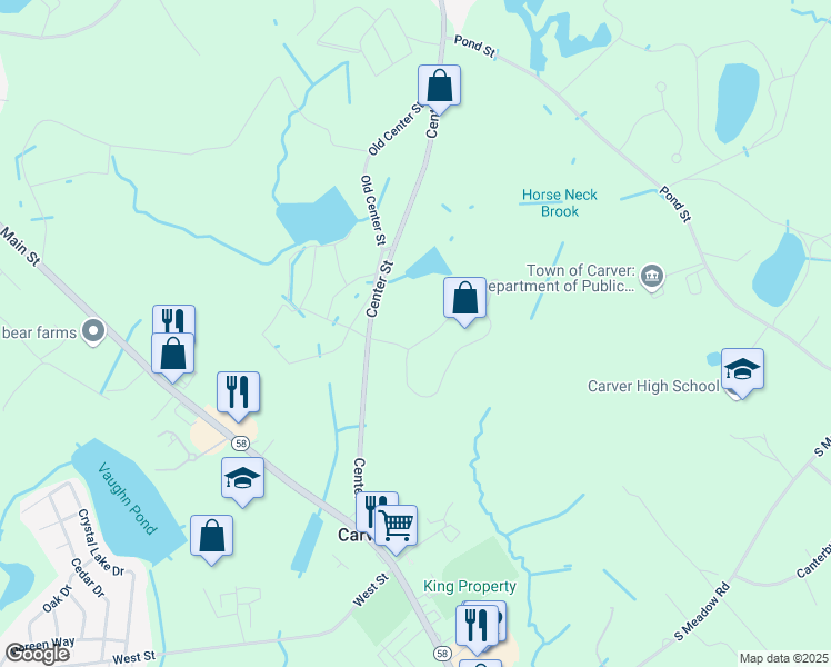 map of restaurants, bars, coffee shops, grocery stores, and more near 35 Center Street in Carver
