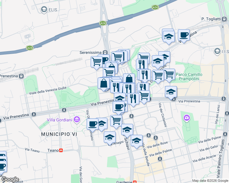 map of restaurants, bars, coffee shops, grocery stores, and more near 172 Viale della Venezia Giulia in Roma