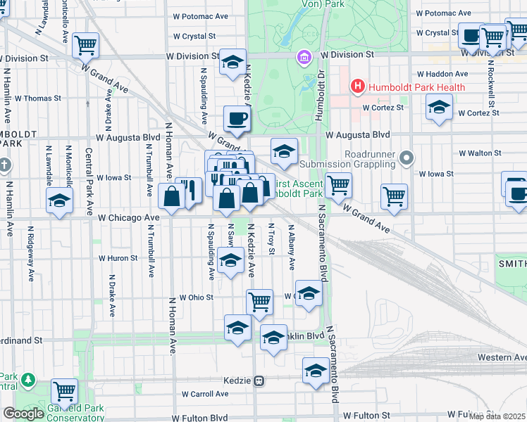 map of restaurants, bars, coffee shops, grocery stores, and more near 831 North Kedzie Avenue in Chicago